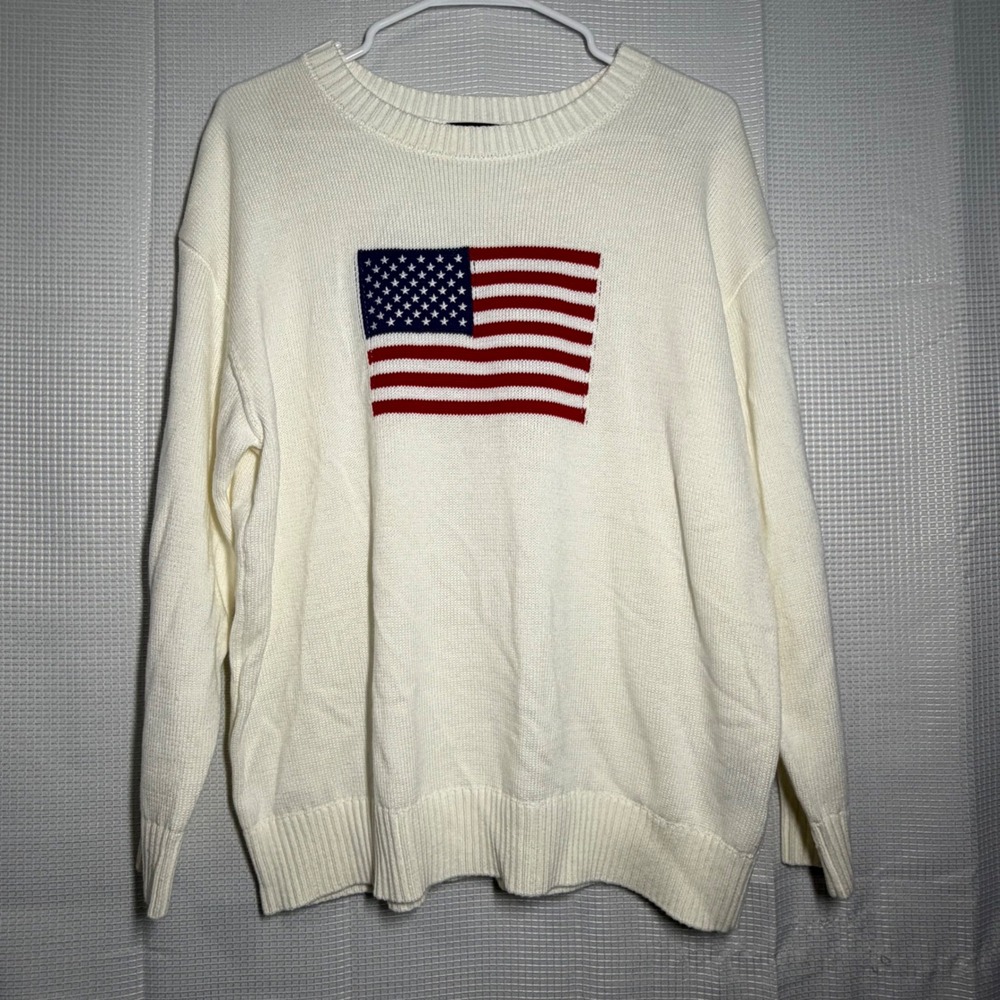 Fourteen‎ Twelve Knit Sweater M Cream American Flag Graphic Relaxed Fit July 4th